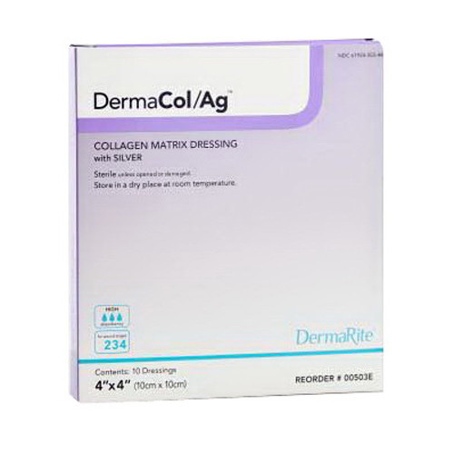 DermaRite DermaCol Ag Collagen Matrix Wound Dressings Size 4 X 4 Inch with Silver 10Ea