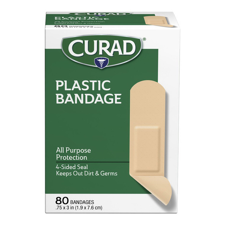 Curad Plastic Strip Bandages 0.75 Inch x 3 Inch for Protecting Minor Cuts Scrapes and Burns 80Ea