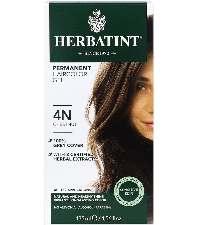 Herbatint Permanent Hair color Gel With Herbal Extracts 4N Chestnut, Gray Cover - 4.56 Oz