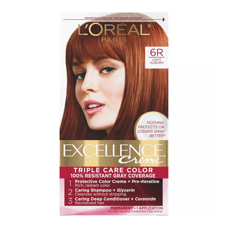 Loreal Excellence Triple Protection Hair Color Creme, 6R Light Auburn - 1 Ea