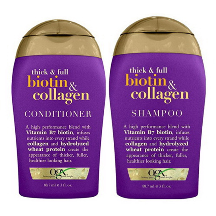 OGX Hair Conditioner and Shampoo With Thick and Full Biotin and Collagen 3 Oz, Set Of 2