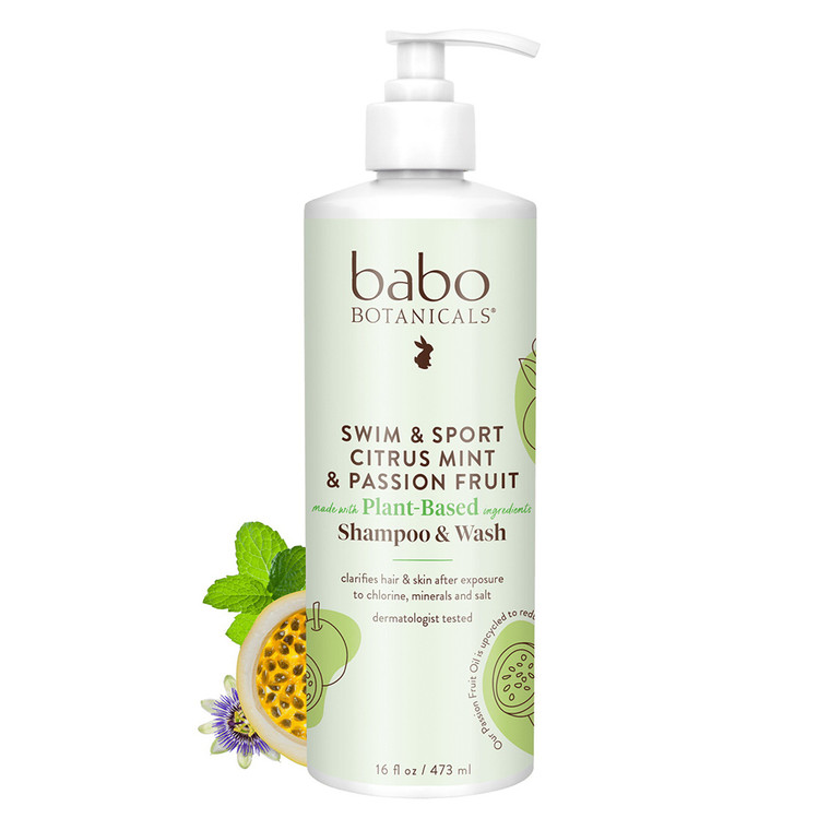 Babo Botanicals Swim and Sport Citrus Mint and Passion Fruit Plant Based Shampoo and Wash for All Hair and Skin Types 16Oz (473ml)