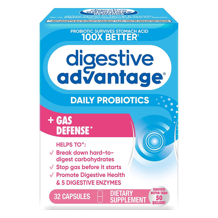 Schiff Digestive Advantage Daily Probiotic Plus Gas Defense Capsules Digestive Support Comforting 32Ea