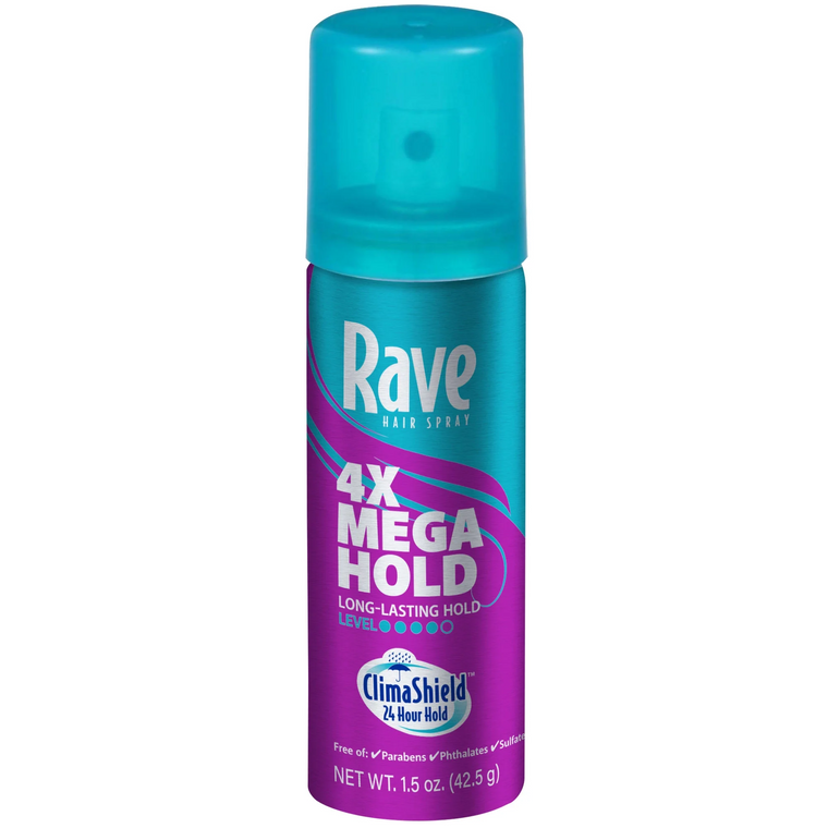 Rave 4X Mega Hold Hair Spray, All-Weather Protection, Travel Size, 1.5 Oz