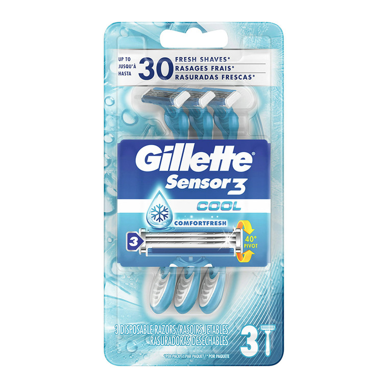 Gillette Sensor 3 Cool Mens 3 Bladed Disposable Razor, 3 Ea