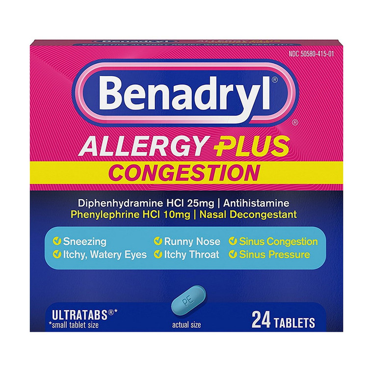 Benadryl Allergy Plus Congestion Tablets for Sinus Pressure and Nasal Congestion Relief 24Ea