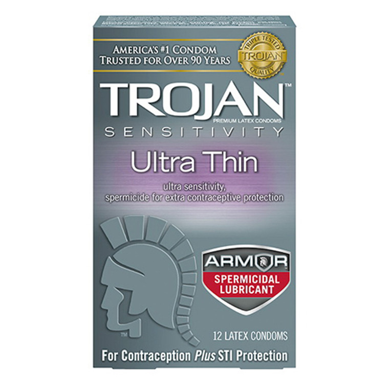 Trojan Sensitivity Ultra Thin Lubricated Latex Condoms, Spermicidal - 12 Ea