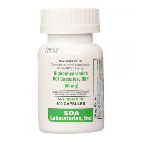 Diphenhydramine HCI Capsules USP 50 mg by Sda Laboratories, Antihistamine, 100 Ea