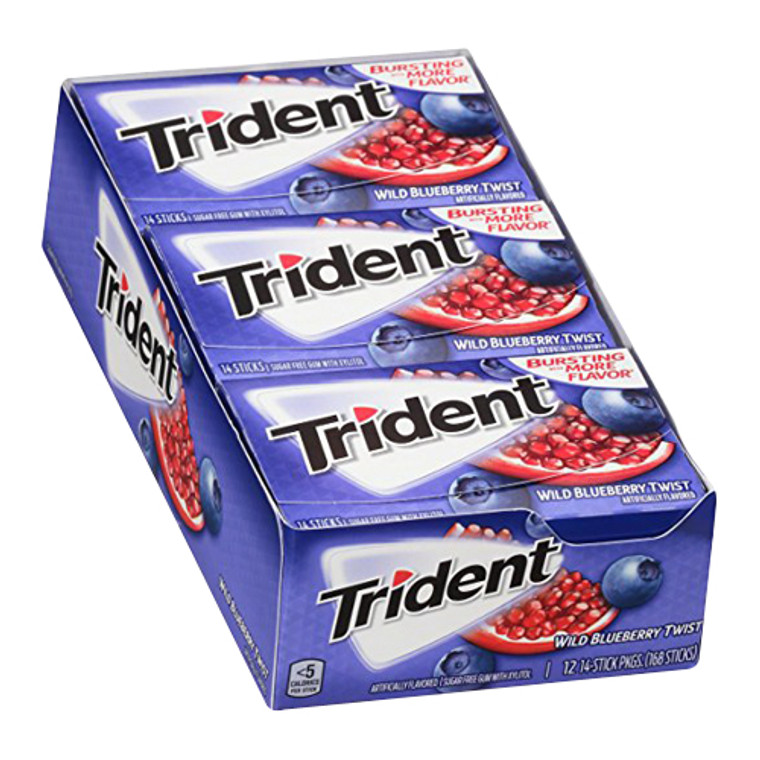 Trident Sugar Free Gum With Xylitol Artificially Flavored, Wild Blueberry Twist, 14 sticks/12 Pack