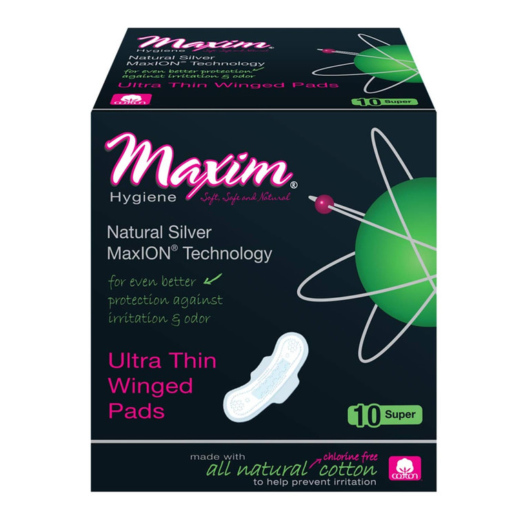 Maxim Hygiene Maxion Natural Ultra Thin Winged Pads, Super, 10 Ea