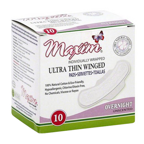 Maxim Over Night Natural Ultra Thin Winged Pads, Unscented - 10 Ea, 12 Pack