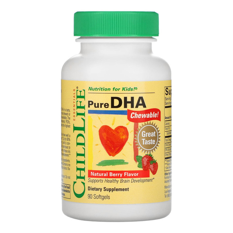 ChildLife Pure DHA 250mg Chewable Natural Berry Flavor Support Healthy Brain Development Dietary Supplement Softgel Capsules 90Ea