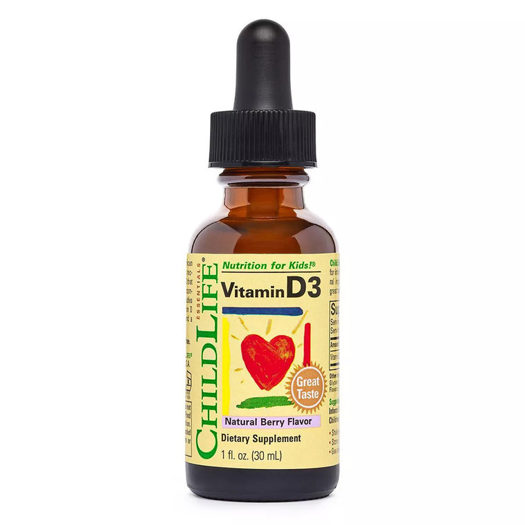 ChildLife Essentials Vitamin D3 Dietary Supplement Liquid Drops Natural Berry Flavor Alcohol Free 1Oz (30ml)