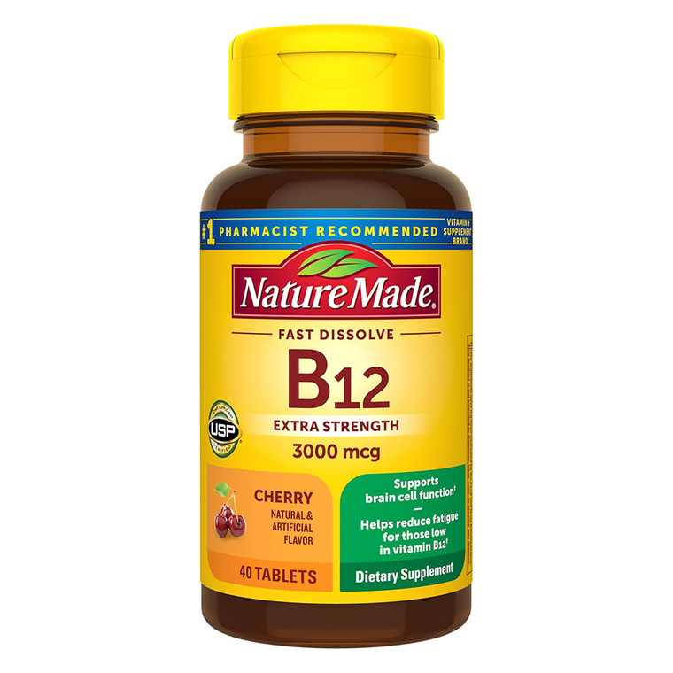 Nature Made B12 Extra Strength 3000mcg Sublingual Tablets Cherry Flavor Supports Brain Cell Function 40Ea