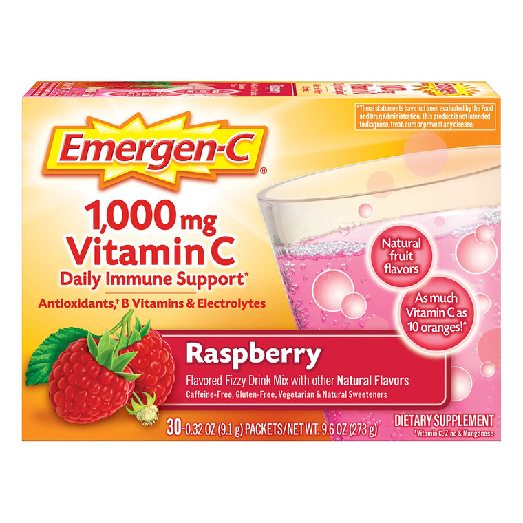 Emergen C Vitamin C Fizzy Drink Mix 1000 Mg, Raspberry Supplement - 30 Packets/Pack