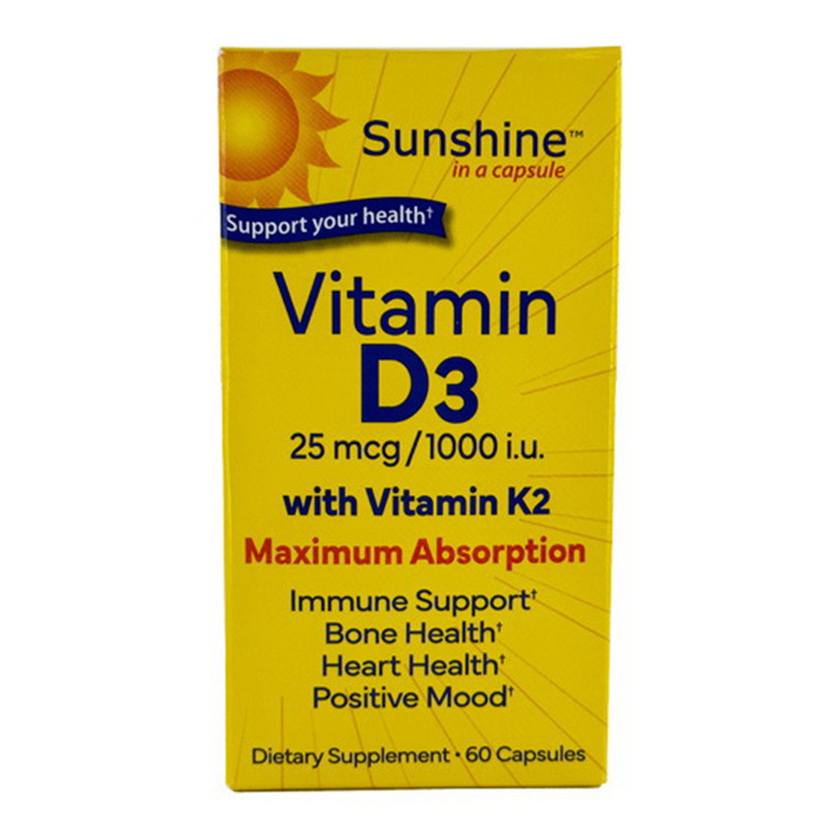 Sunshine Vitamin D3 25mcg 1000 IU with Vitamin K2, 60 Ea