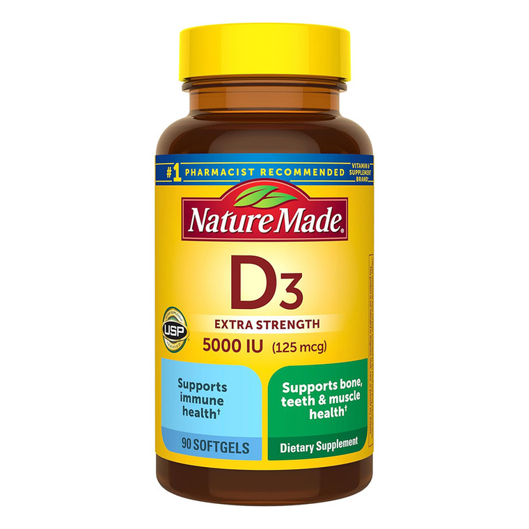 Nature Made Vitamin D3 5000IU Extra Strength Liquid Softgels Supports Bone and Muscle Health 90Ea