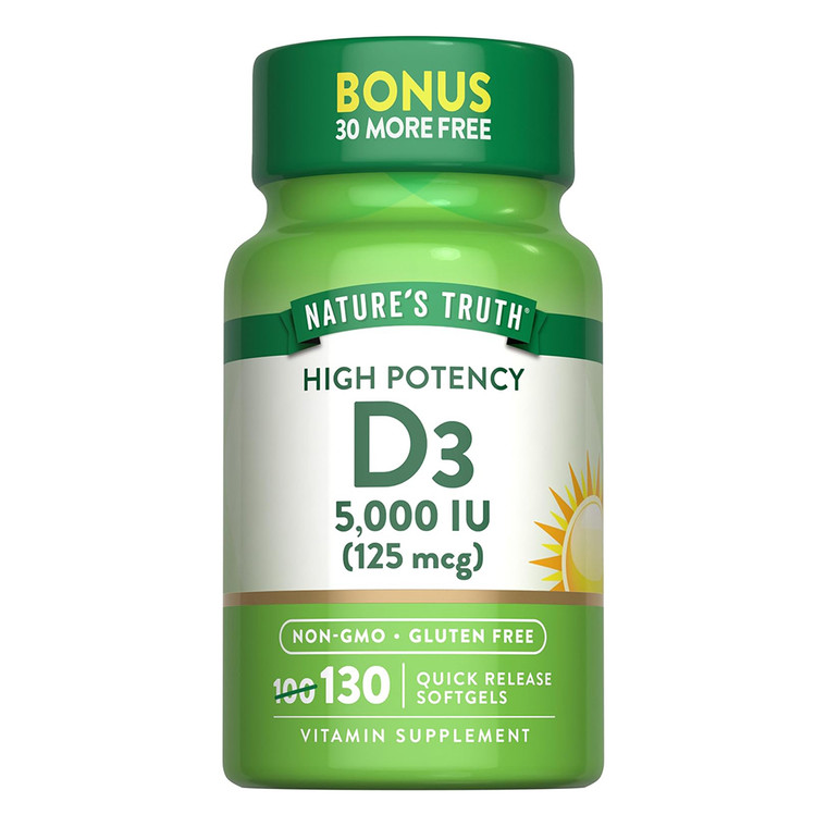 Natures Truth High Potency Vitamin D3 5000 IU Vitamin Supplement Softgels Support Joint Health 130Ea