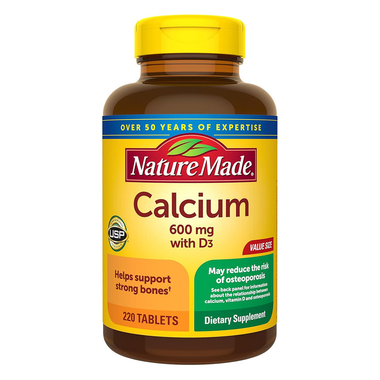Nature Made Calcium 600mg with Vitamin D3 Supplements Tablets Supports Strong Bones 220Ea