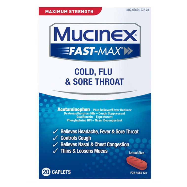 Mucinex Maximum Strength Fast Max Cold Flu and Sore Throat Relief Caplets 20Ea