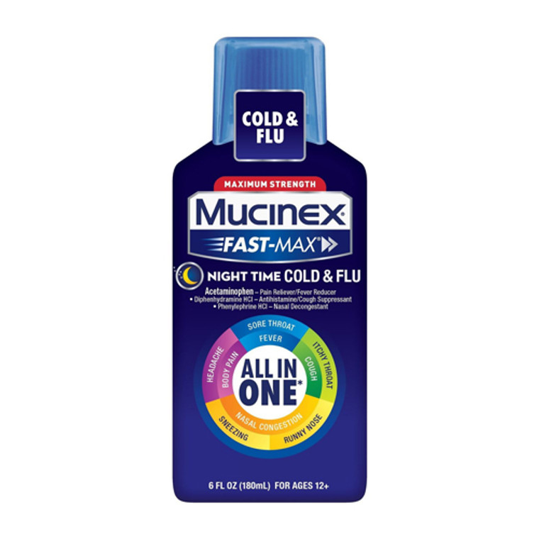 Mucinex Fast Max Maximum Strength Night Time Cold and Flu Liquid, 6 Oz