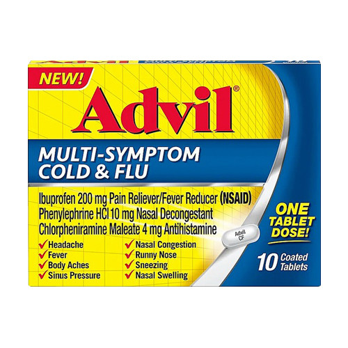 Advil Multi Symptom Cold and Flu Coated Tablets Pain Reliever Nasal Decongestant 10Ea