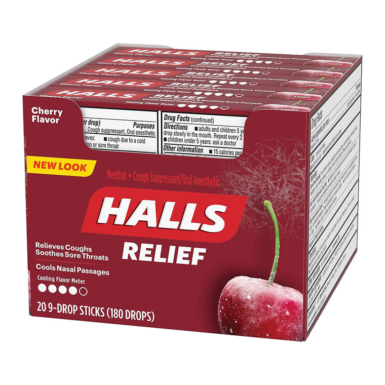 Halls Mentho Lyptus Cough and Sore Throat Drops, Cherry, 9 Roll, 20 Packs