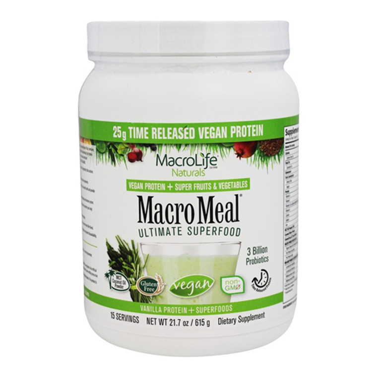 MacroLife Naturals Macro Meal Ultimate Superfood Vegan Protein, Vanilla, 21.7 oz, 15 servings