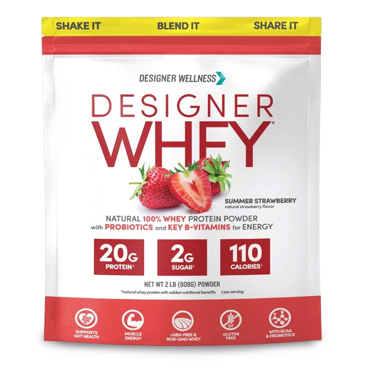 Designer Whey Protein Powder Summer Strawberry Muscle Recovery and Energy Support Formula 2Lb (908g)