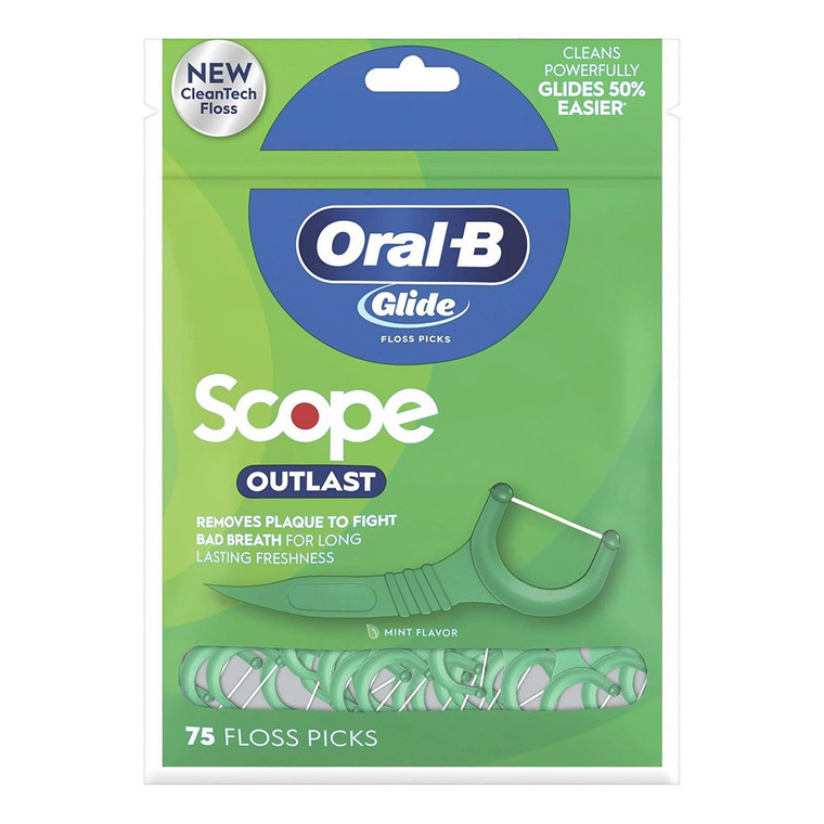 Oral B Glide Floss Picks Dental Floss Scope Outlast Removes Plaque Toothpicks Mint Flavor 75Ea