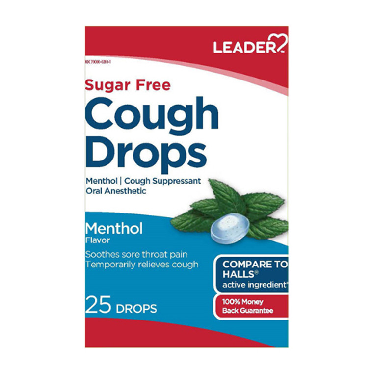 Leader Cough Drops Menthol Flavor, Sugar Free, 25 Ea