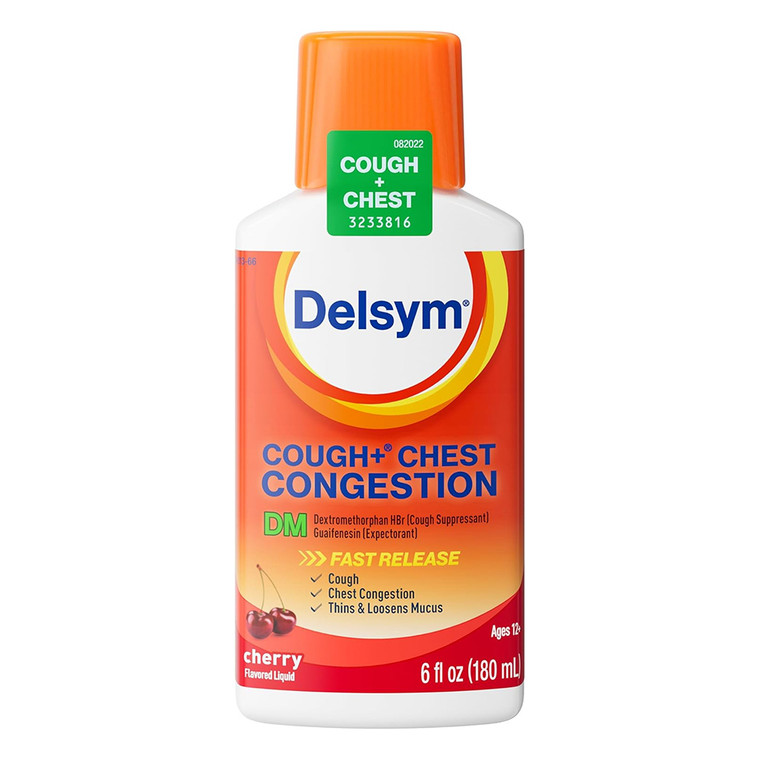 Delsym Cough Plus DM Liquid Relieves Cough and Chest Congestion Fast Release Cherry Flavor Liquid 6Oz (180ml)