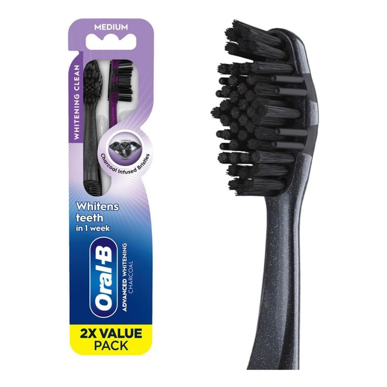 Oral B 3D White Advanced Whitening Clean Charcoal Medium Manual Toothbrush Removes Plaque and Stains 2Ea