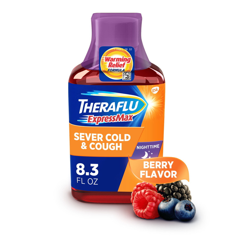 Theraflu Express Max Nighttime Severe Cold and Cough, Berry Flavor Syrup, 8.3 Oz