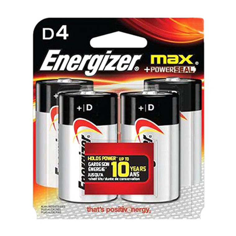 Eveready Energizer D Cell Batteries, Max Alkaline 95BP4, 4 ea