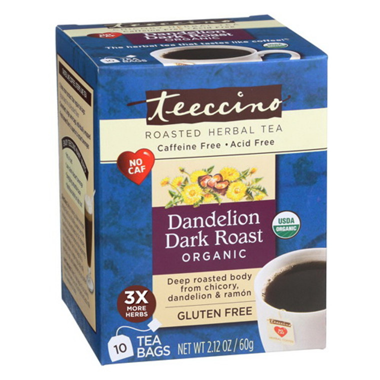 Teeccino Organic Chickory Herbal Tea Dandelion Dark Roast, 10 Tea Bags, 6 pack