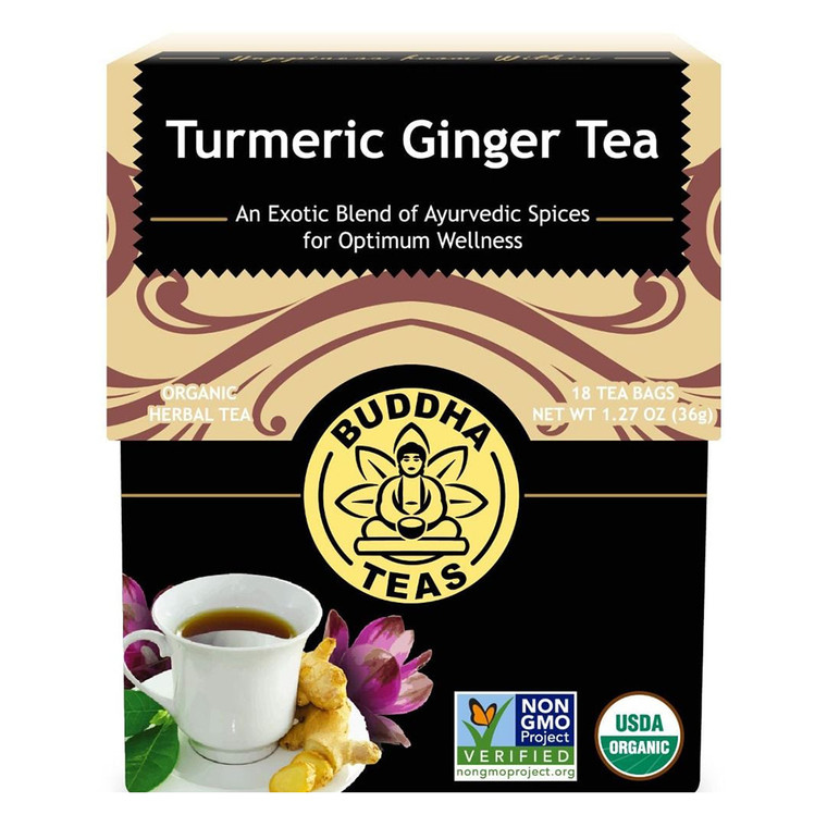 Buddha Teas Organic Caffeine Free Herbal Turmeric Ginger Tea Bags Promotes Immune Health 18Ea