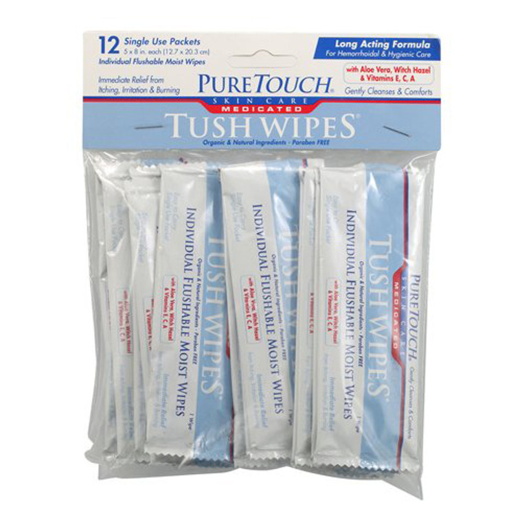 Puretouch Skin Care Medicated Tush Wipes Travel Packets, 12 Ea