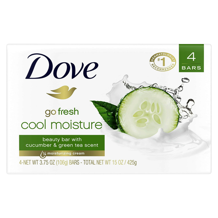 Dove Beauty Bar Womens Bath Bar Soap Cool Moisturizing with Cucumber and Green Tea Scent 3.75Oz (106g), 4Ea