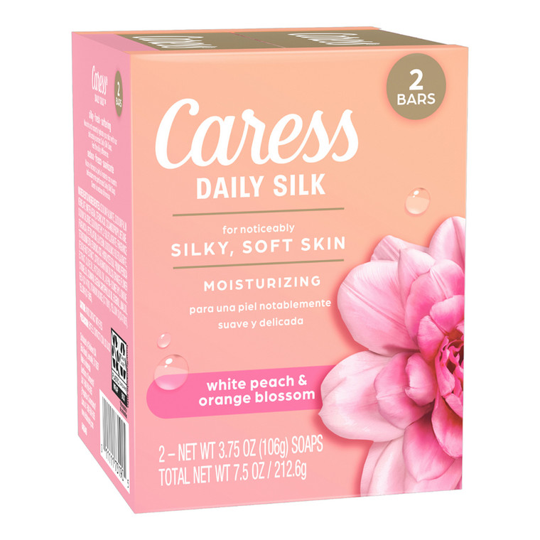 Caress Daily Silk Moisturizing Soap Bars with White Peach and Orange Blossom for Silky Soft Skin 3.75Oz (106g) 2Ea