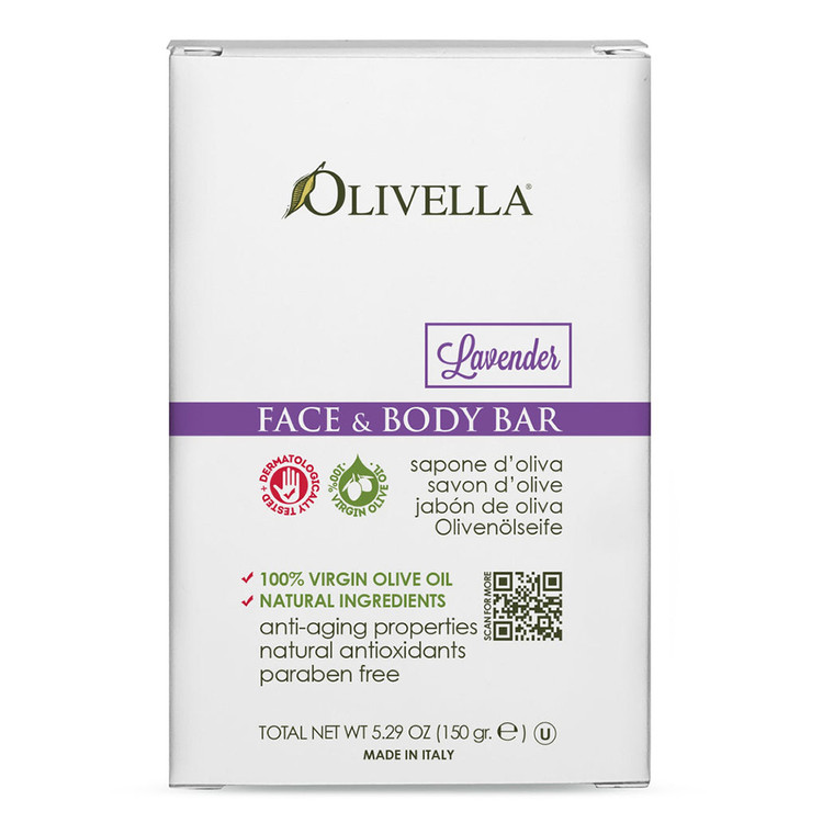 Olivella Virgin Olive Oil Face and Body Bar Soap Lavender with Anti Aging Properties 5.29Oz (150g)