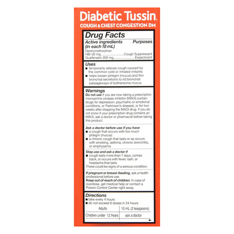 Diabetic Tussin DM Cough Suppressant and Expectorant Regular Strength Respiratory Support Formula 4Oz (118ml)