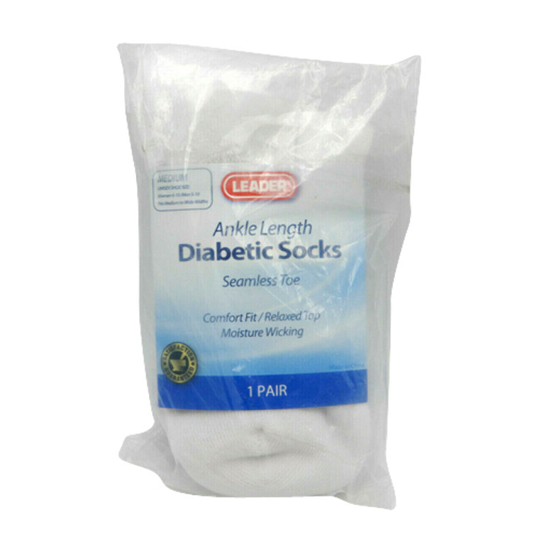 Leader Diabetic Ankle Socks, White, Medium, 1 Pair