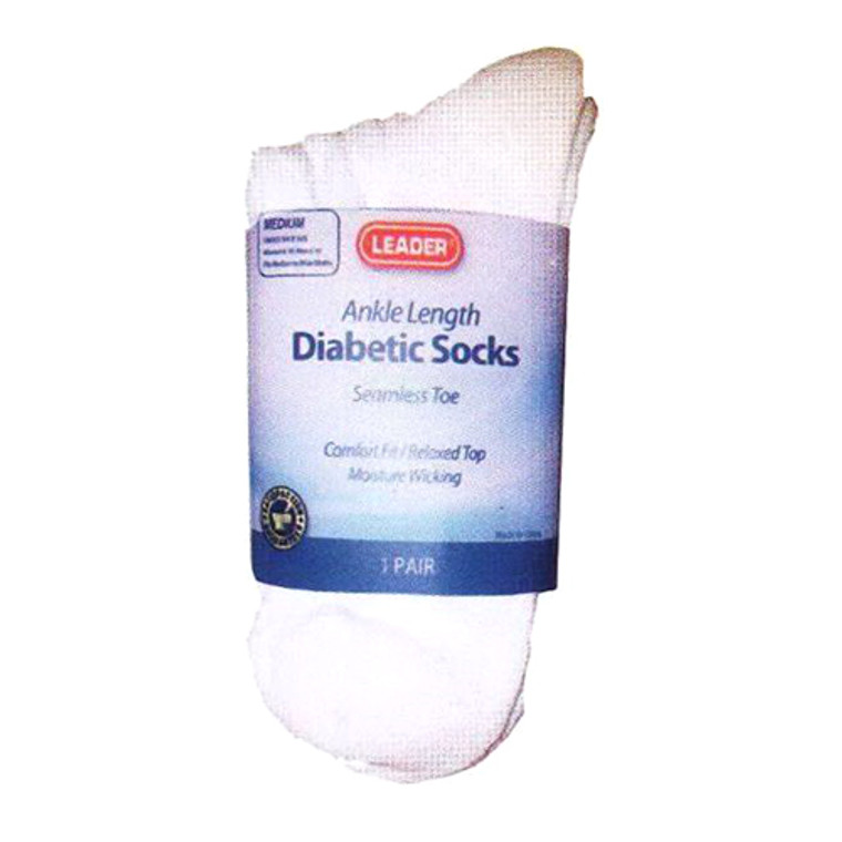 Leader Diabetic Crew Socks, White, Large, 1 Ea