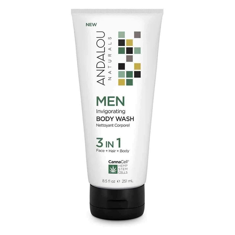 Andalou Naturals Men Invigorating 3in1 Face Hair Body Wash 8.5Oz (251ml)