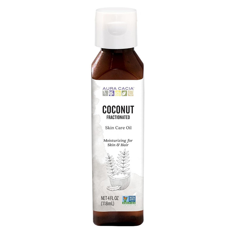 Aura Cacia Coconut Fractionated Skin Care Oil Lightweight Hydration and Nourishment 4Oz (118ml)