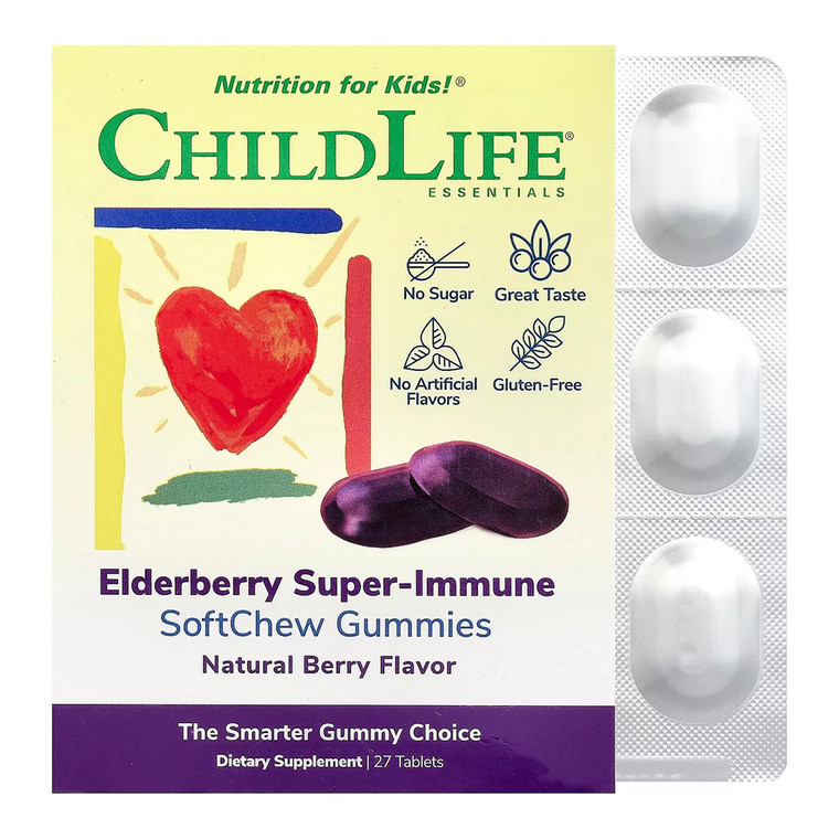 ChildLife Essentials Kids Elderberry Super Immune SoftChew Gummies Natural Berry Tablets 27Ea