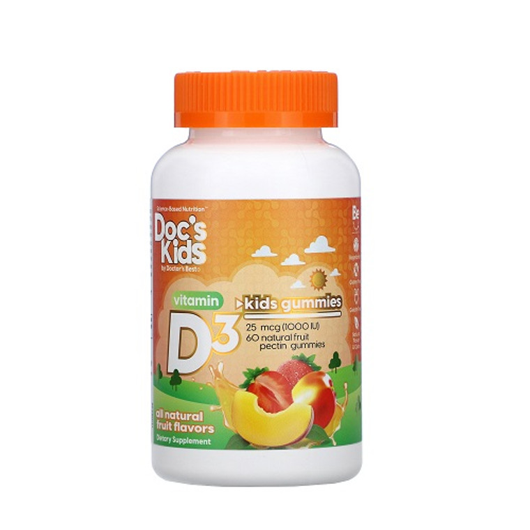 Doctors Best Docs Kids Vitamin D3 25mcg 1000IU Natural Fruit Pectin Gummies, 60 Ea