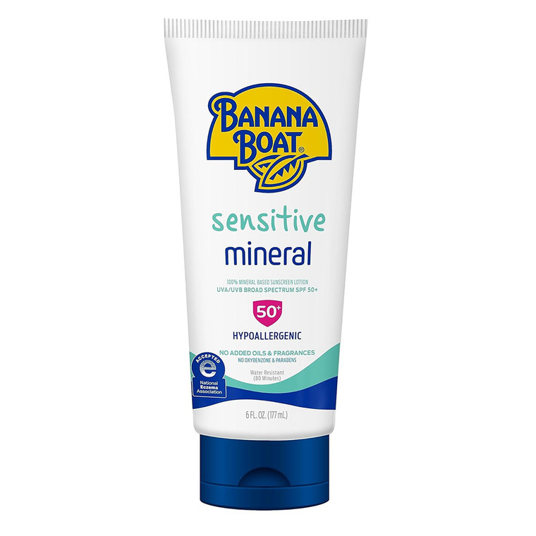 Banana Boat Sensitive Mineral SPF 50 Plus Sunscreen Lotion Hypoallergenic Fragrances Free 6Oz (177ml)