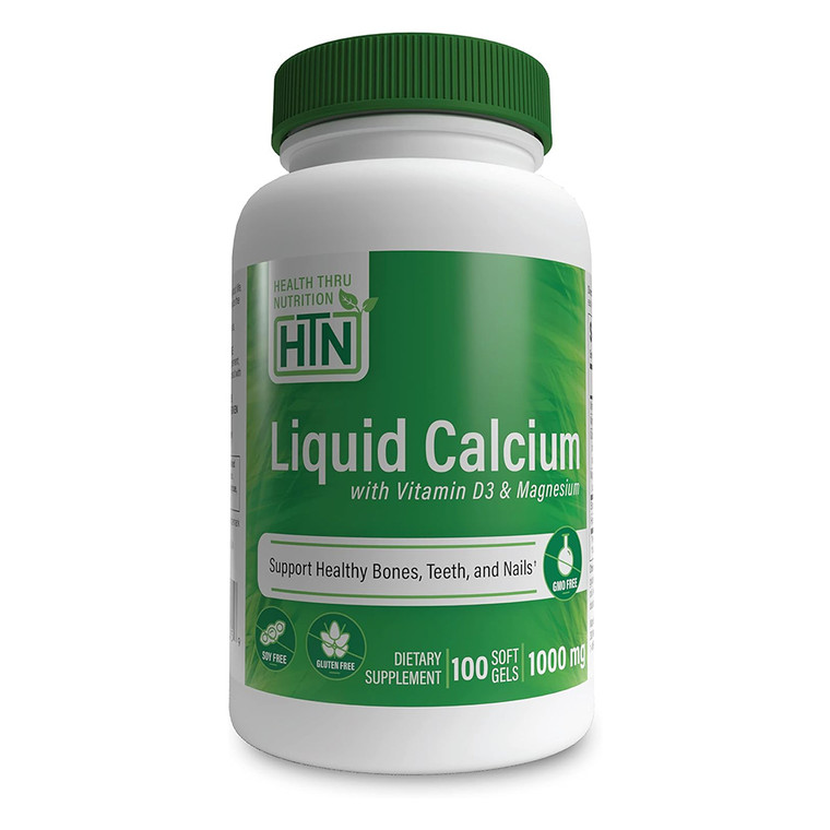 Health Thru Nutrition Liquid Calcium with Vitamin D3 and Magnesium Softgels for Bone Teeth and Nail Support 100Ea